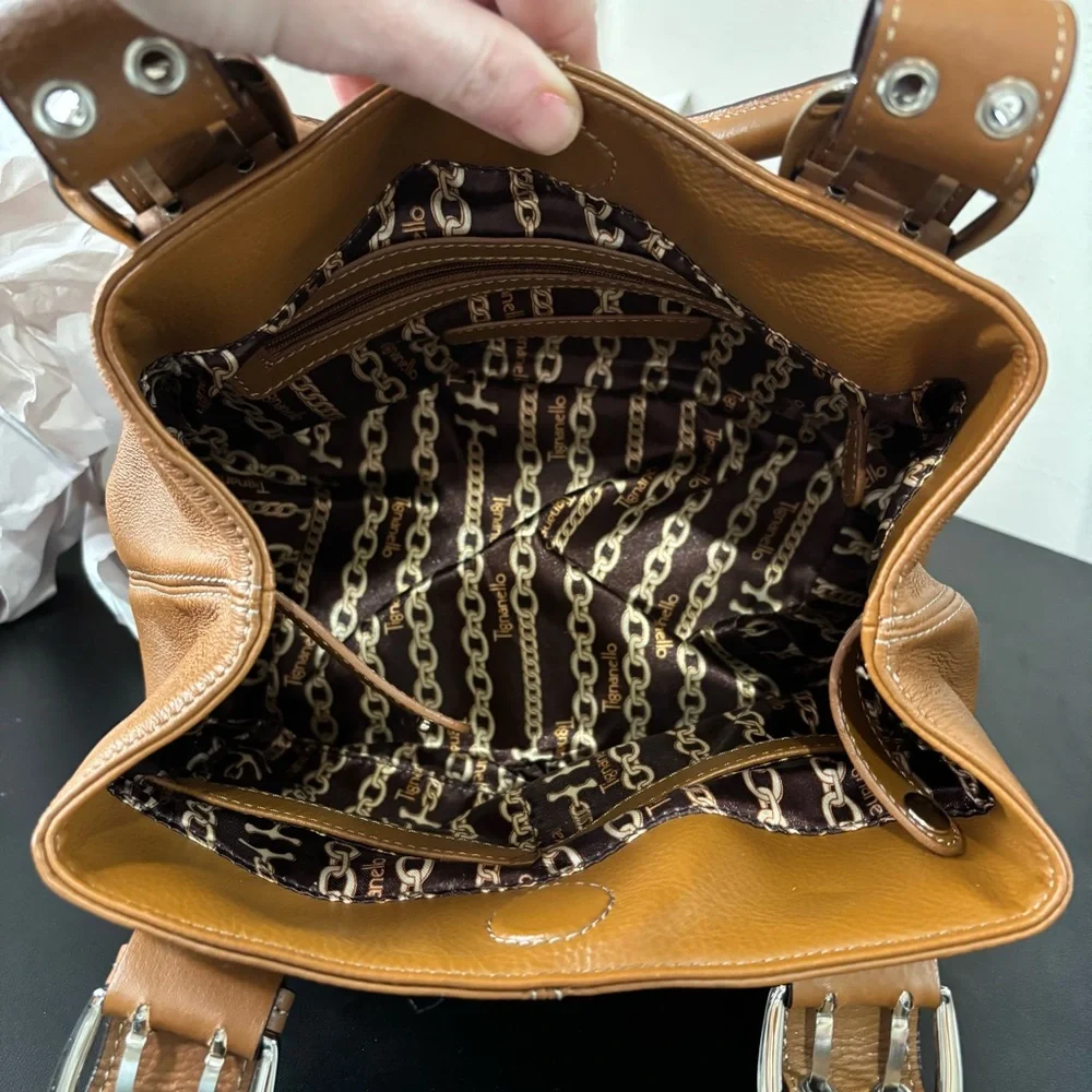 Tignanello Brown Leather Top Handle Satchel Purse Silver Hardware - Picture 9 of 11